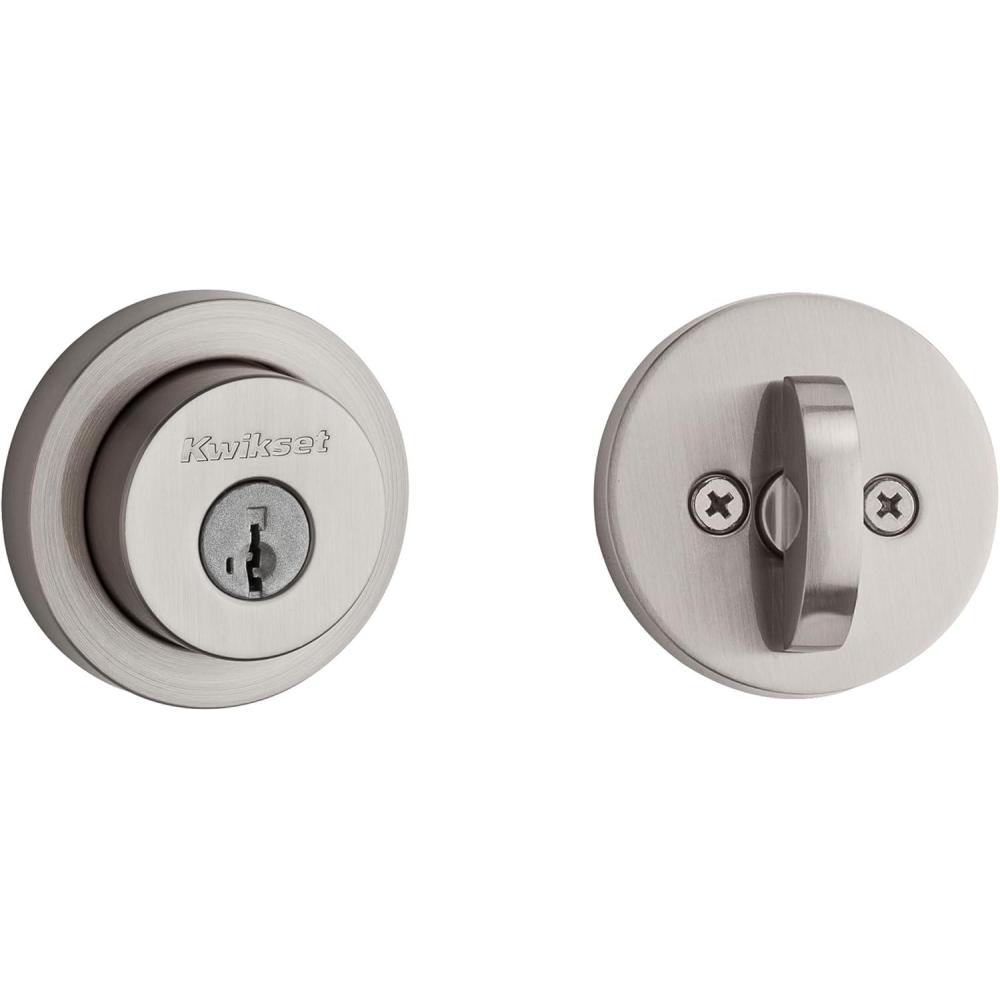 imageKwikset 158 Milan Deadbolt Lock Polished Chrome Square Exterior Keyed Front Entry Door Pick Resistant SmartKey Rekey Security Single Cylinder Dead Bolt with Microban ProtectionSatin Nickel