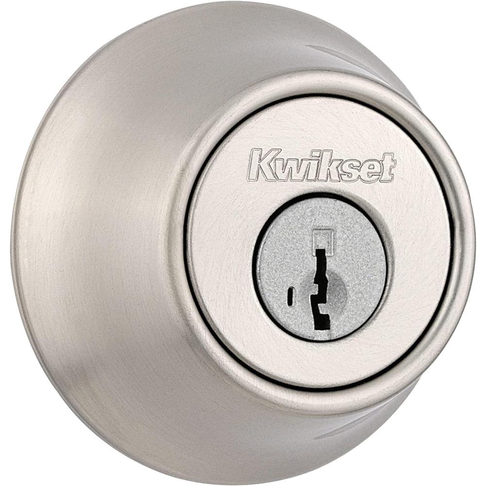 imageKwikset 660 Deadbolt Deadbolt Lock Satin Nickel Round Exterior Keyed Front Entry Door Pick Resistant SmartKey Rekey Security Single Cylinder Dead Bolt with Microban Protection