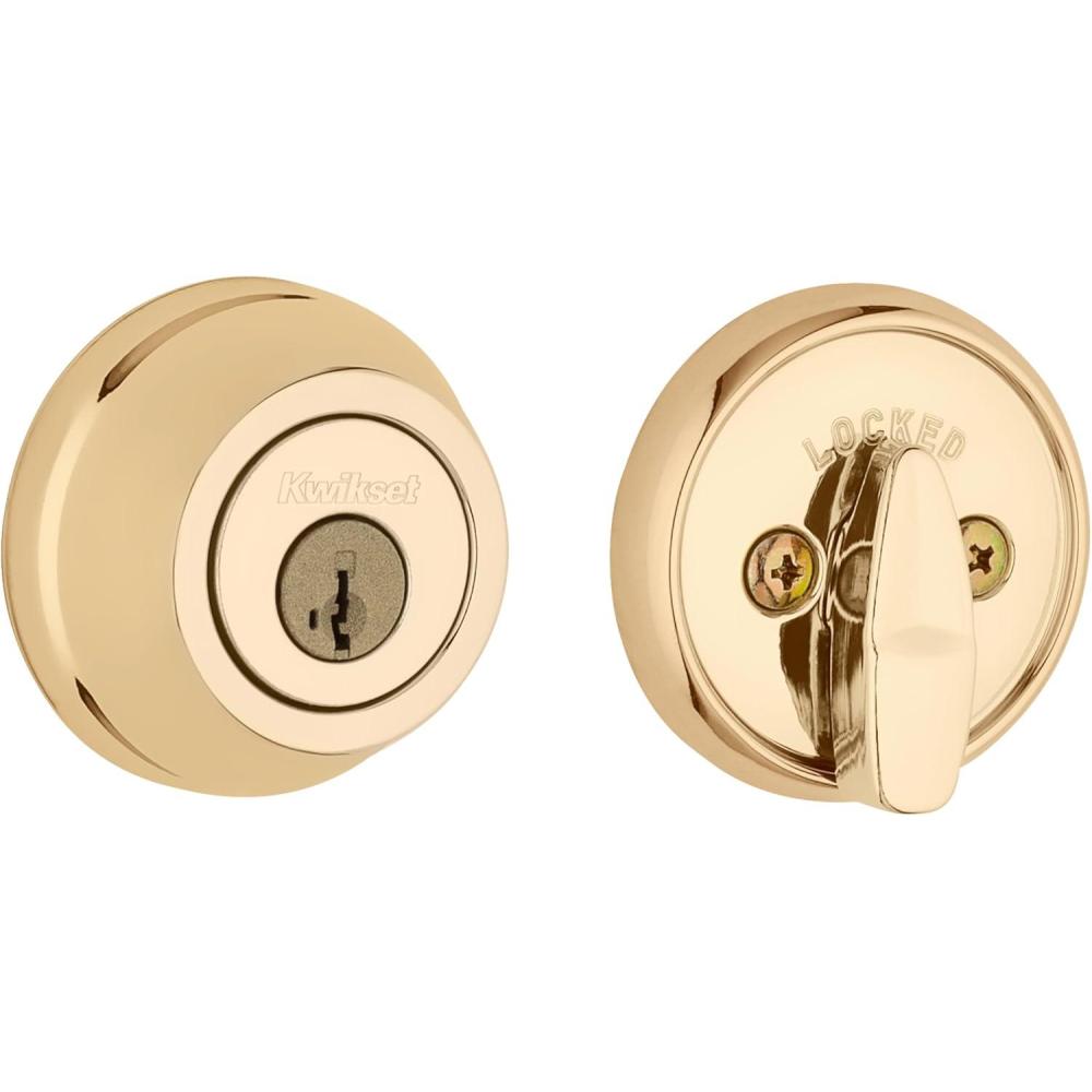 imageKwikset 780 Deadbolt Lock Polished Brass Round Exterior Keyed Front Entry Door Pick Resistant SmartKey Rekey Security Single Cylinder Dead Bolt with Microban ProtectionPolished Brass