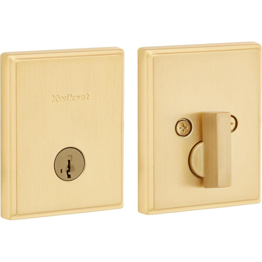 imageKwikset Crosstown Deadbolt Lock Matte Black Rectangular Exterior Keyed Front Entry DoorSatin Brass