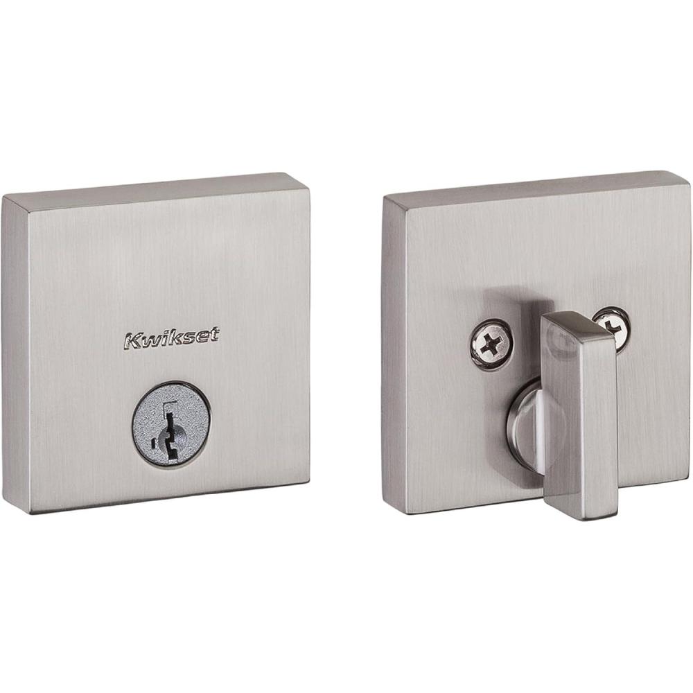 imageKwikset Downtown Deadbolt Lock Satin Brass Square Exterior Keyed Front Entry Door Pick Resistant SmartKey Rekey Security Single Cylinder Dead Bolt with Microban ProtectionSatin Nickel