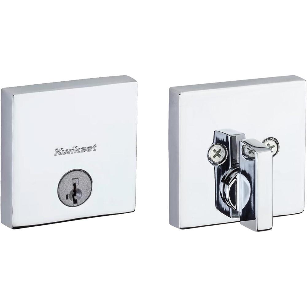 imageKwikset Downtown Deadbolt Lock Satin Brass Square Exterior Keyed Front Entry Door Pick Resistant SmartKey Rekey Security Single Cylinder Dead Bolt with Microban ProtectionPolished Chrome