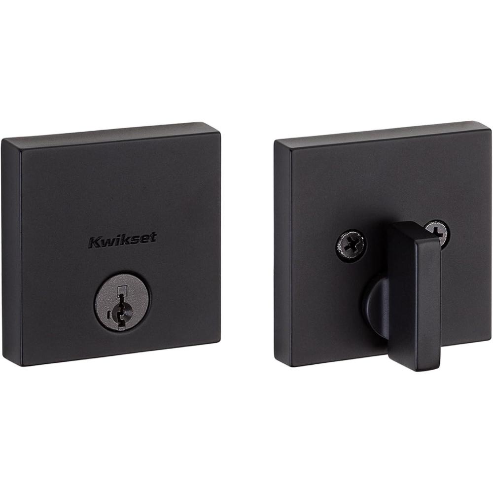 imageKwikset Downtown Deadbolt Lock Satin Brass Square Exterior Keyed Front Entry Door Pick Resistant SmartKey Rekey Security Single Cylinder Dead Bolt with Microban ProtectionMatte Black