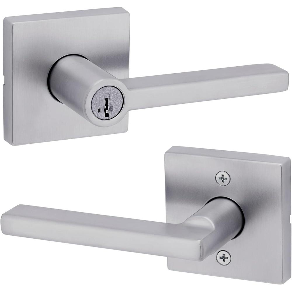 imageKwikset Halifax Interior Privacy Door Handle with Lock Door Lever For Bathroom and Bedroom Matte Black Reversible Keyless Push Button Lock Door Lever with Microban Protection Square RoseSatin Chrome