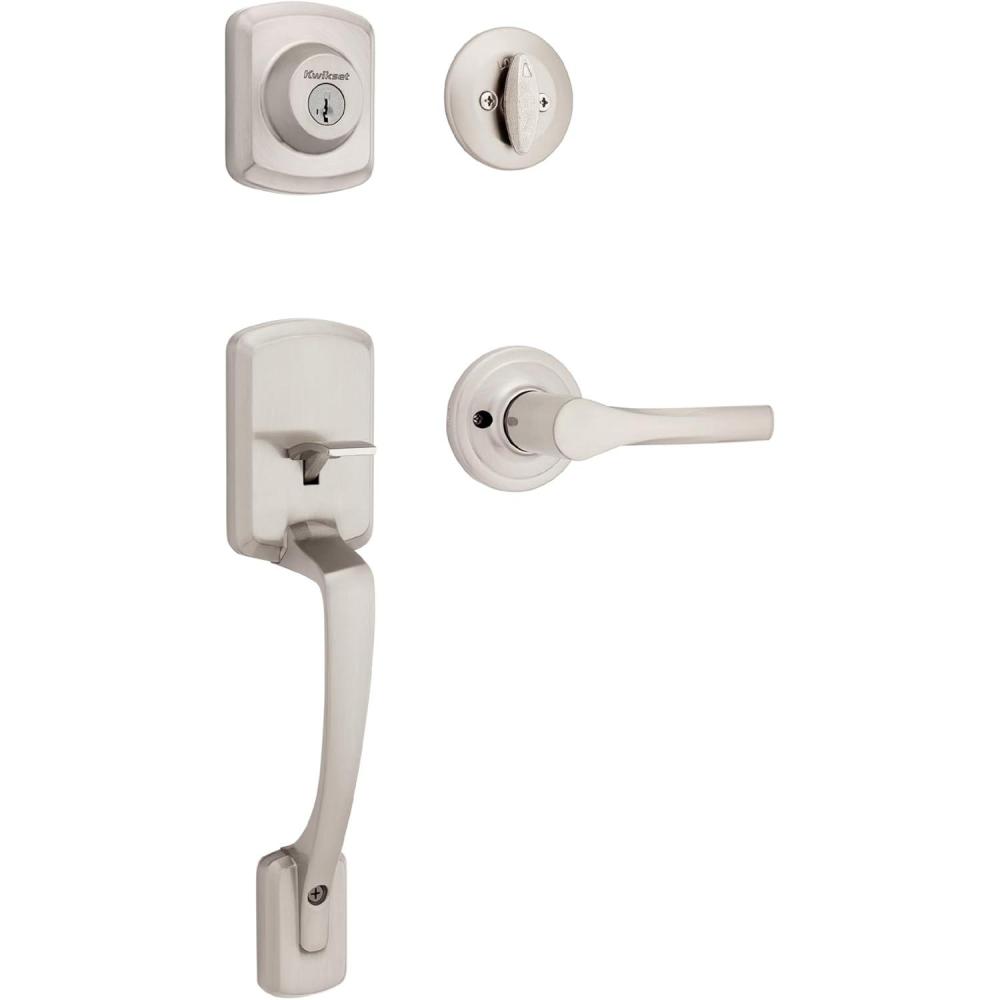 imageKwikset Henley Front Door Lock Handle and Deadbolt Set Entry Handleset Exterior with Interior Reversible Lever Satin Nickel Pick Resistant SmartKey Rekey Deadbolt Security with Microban ProtectionSatin Nickel