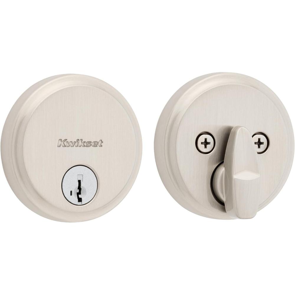 imageKwikset Hometown Deadbolt Lock Satin Brass Round Exterior Keyed Front Entry Door Pick Resistant SmartKey Rekey Security Single Cylinder Dead Bolt Door Lock with Microban ProtectionSatin Nickel