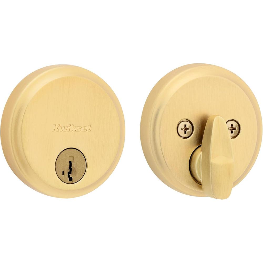 imageKwikset Hometown Deadbolt Lock Satin Brass Round Exterior Keyed Front Entry Door Pick Resistant SmartKey Rekey Security Single Cylinder Dead Bolt Door Lock with Microban ProtectionSatin Brass
