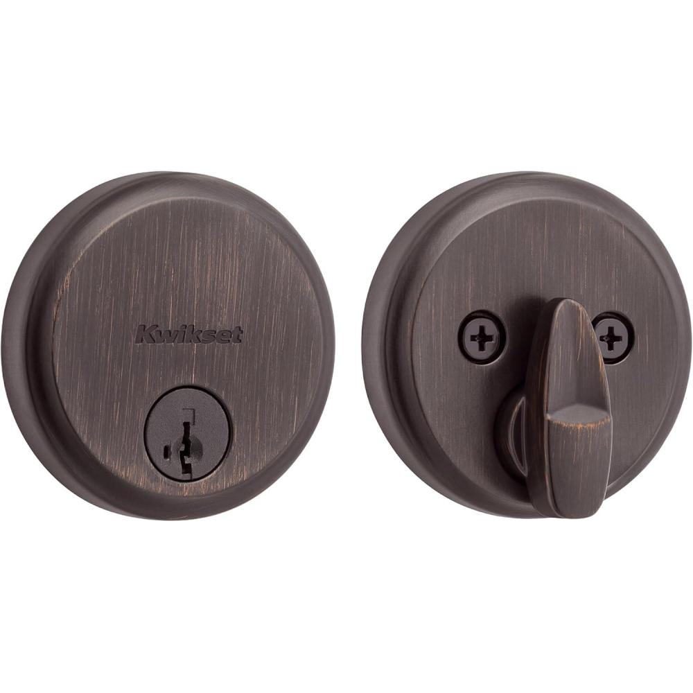 imageKwikset Hometown Deadbolt Lock Satin Brass Round Exterior Keyed Front Entry Door Pick Resistant SmartKey Rekey Security Single Cylinder Dead Bolt Door Lock with Microban ProtectionVenetian Bronze