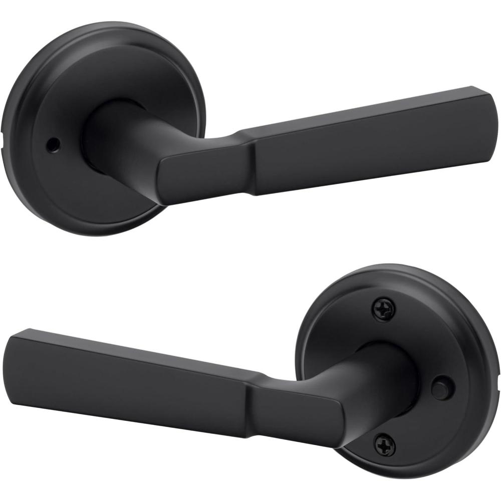 imageKwikset Perth Interior Passage Door Handle Lever for Closet and Hallway Doors Reversible NonLocking Handle Lever Satin Nickel with Microban ProtectionMatte Black