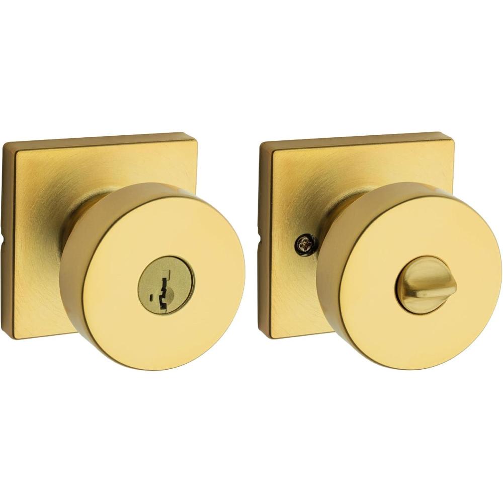 imageKwikset Pismo Entry Door Knob with Lock and Key Secure Keyed Handle Exterior Front Entrance and Bedroom Matte Black Pick Resistant SmartKey Rekey Security and MicrobanSatin Brass