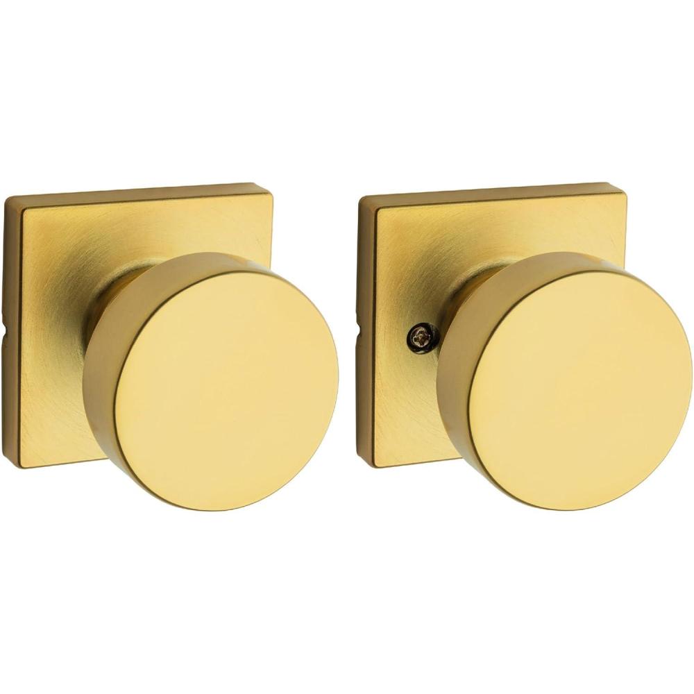 imageKwikset Pismo Interior Passage Door Knob Handle for Closet and Hallway Doors NonLocking Doorknob Satin Brass Square Microban ProtectionSatin Brass