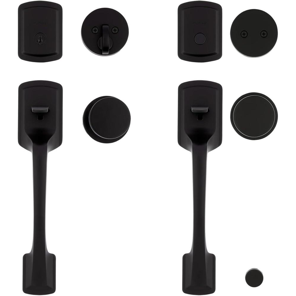 imageKwikset Prague Front Door Lock Handle and Deadbolt Set Entry Handleset Exterior with Interior Door Knob Matte Black Pick Resistant SmartKey Rekey Deadbolt Security 98180026Matte Black