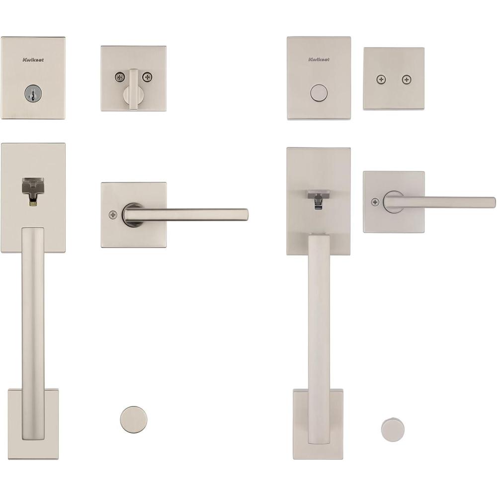 imageKwikset San Clemente Front Door Lock Handle and Deadbolt Set Entry Handleset Exterior with Interior Reversible Lever Satin Nickel Pick Resistant SmartKey Rekey Deadbolt SecuritySatin Nickel