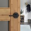 Kwikset Halifax Entry Door Handle with Lock and Key, Secure Keyed Reversible Lever Exterior, for Front Entrance and Bedrooms, Satin Brass, Pick Resistant Smartkey Rekey Security and Microban(Matte Black)