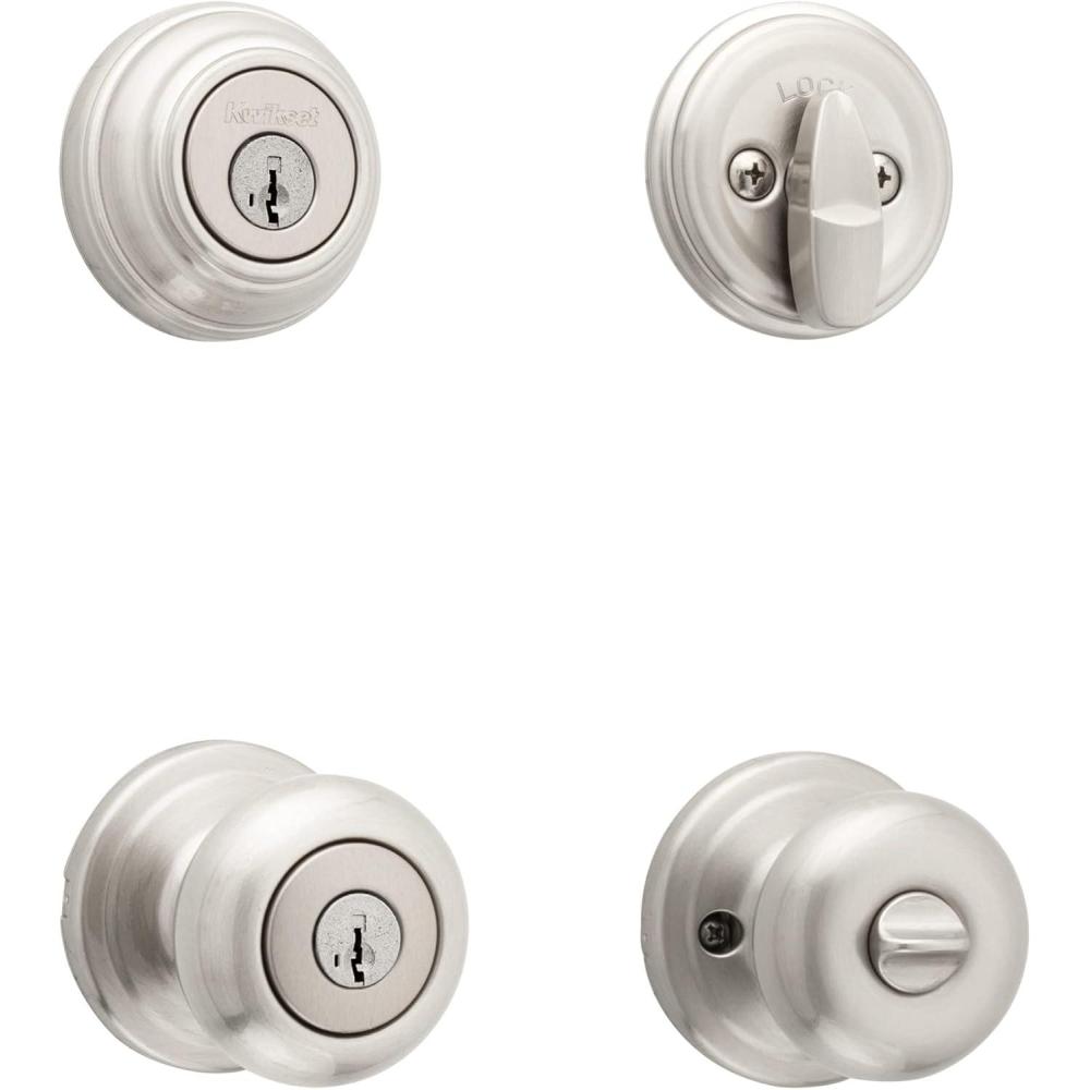 imageKwikset 99910035 Juno Entry Door Knob and Single Cylinder Deadbolt Combo Pack 3 Venetian BronzeSatin Nickel