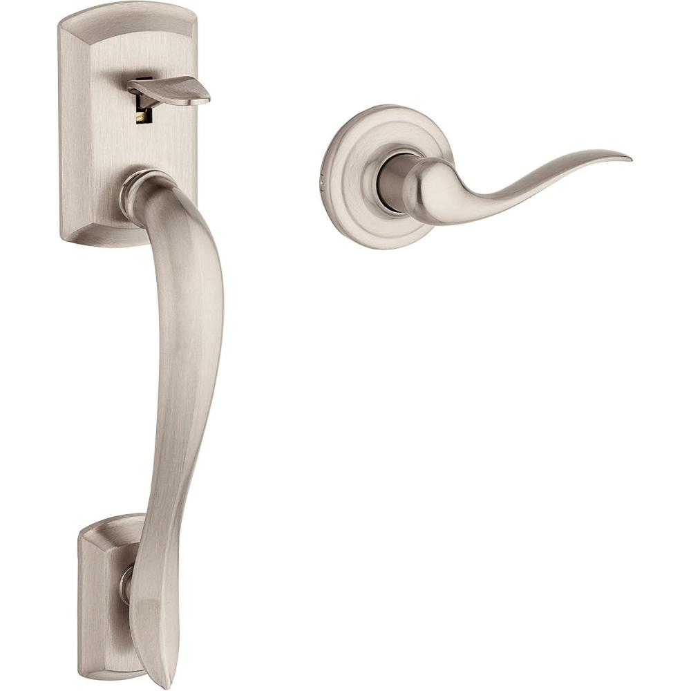 imageKwikset Avalon Front Door Handle No Lock Entry Handleset Exterior with Interior Reversible Handed Lever NonLocking Satin Nickel Deadbolt Not Included with Microban ProtectionSatin Nickel