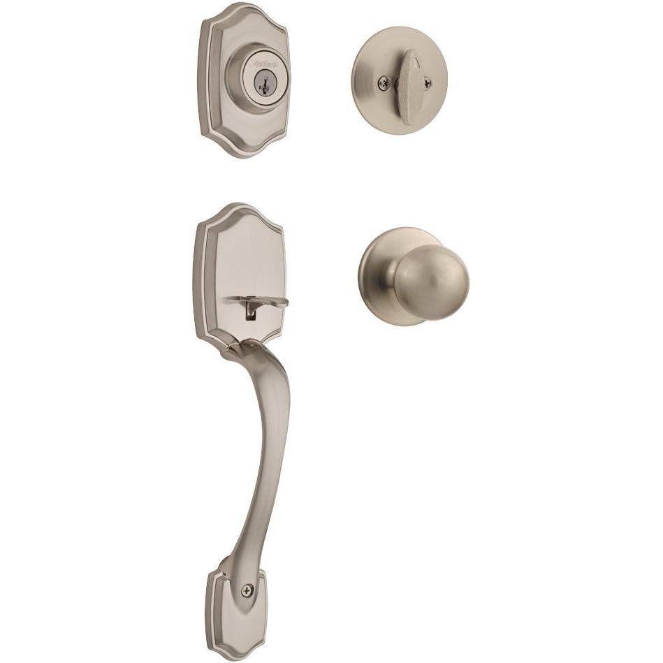 imageKwikset Belleview Front Door Lock Handle and Deadbolt Set Entry Handleset Exterior with Interior Door Knob Satin Nickel Pick Resistant SmartKey Rekey Deadbolt SecuritySatin Nickel