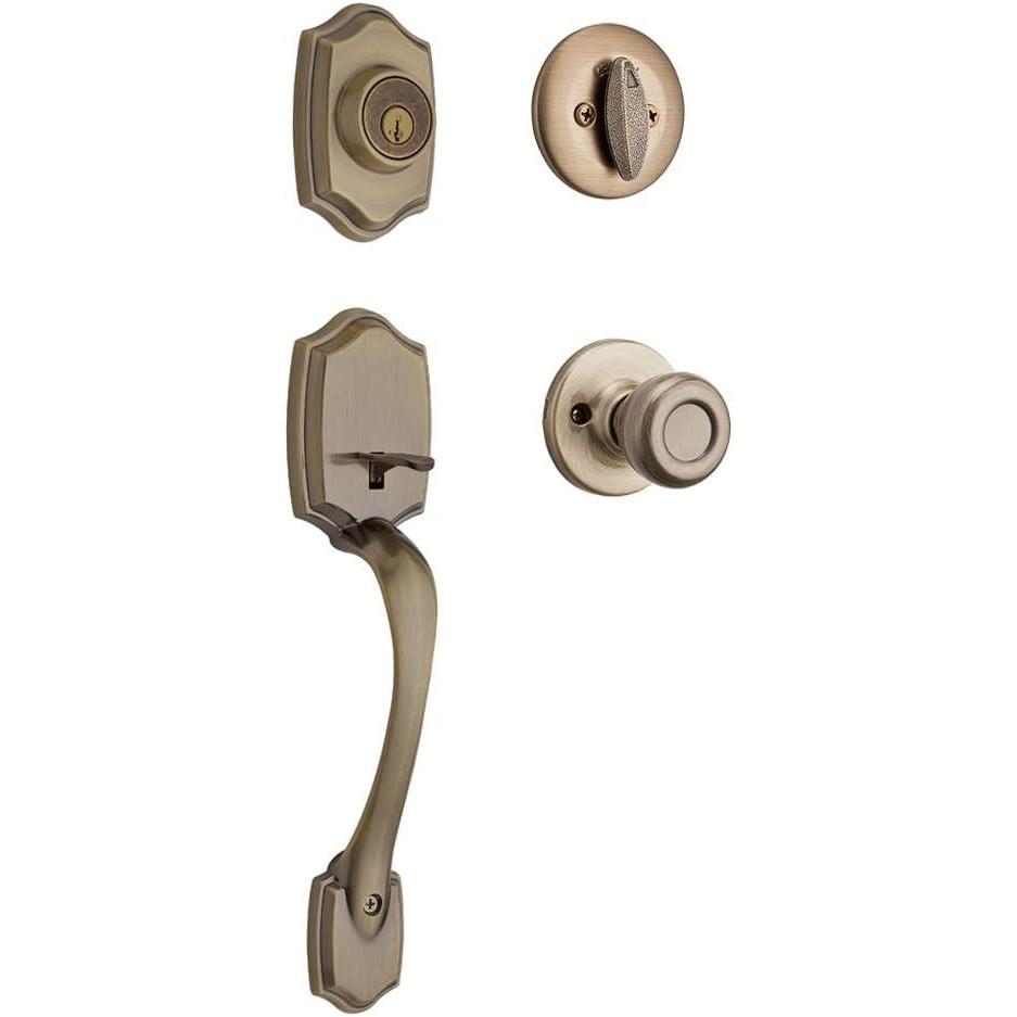 imageKwikset Belleview Front Door Lock Handle and Deadbolt Set Entry Handleset Exterior with Interior Door Knob Satin Nickel Pick Resistant SmartKey Rekey Deadbolt SecurityAntique Brass