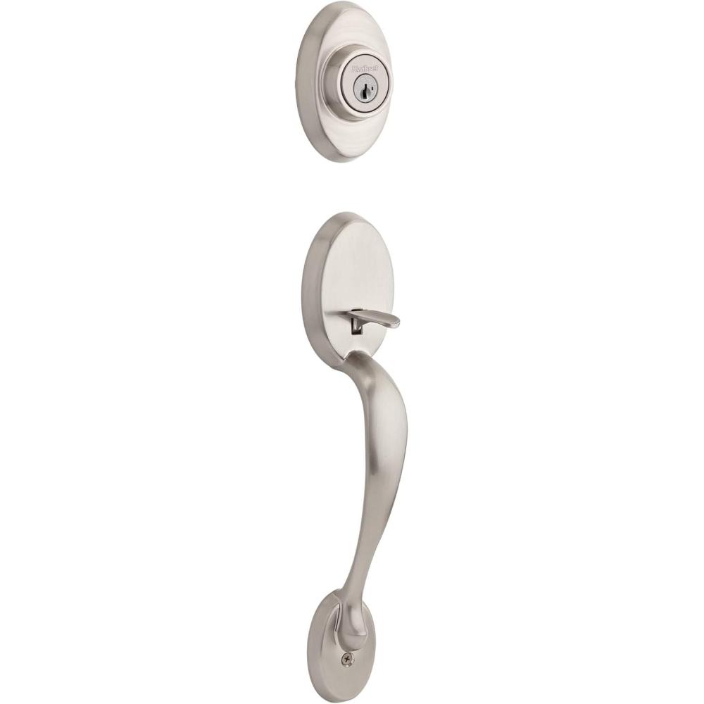imageKwikset Chelsea Front Door Lock Handle and Deadbolt Set Entry Handleset Exterior with Interior Door Knob Lifetime Polished Brass Pick Resistant SmartKey Rekey Deadbolt SecuritySatin Nickel