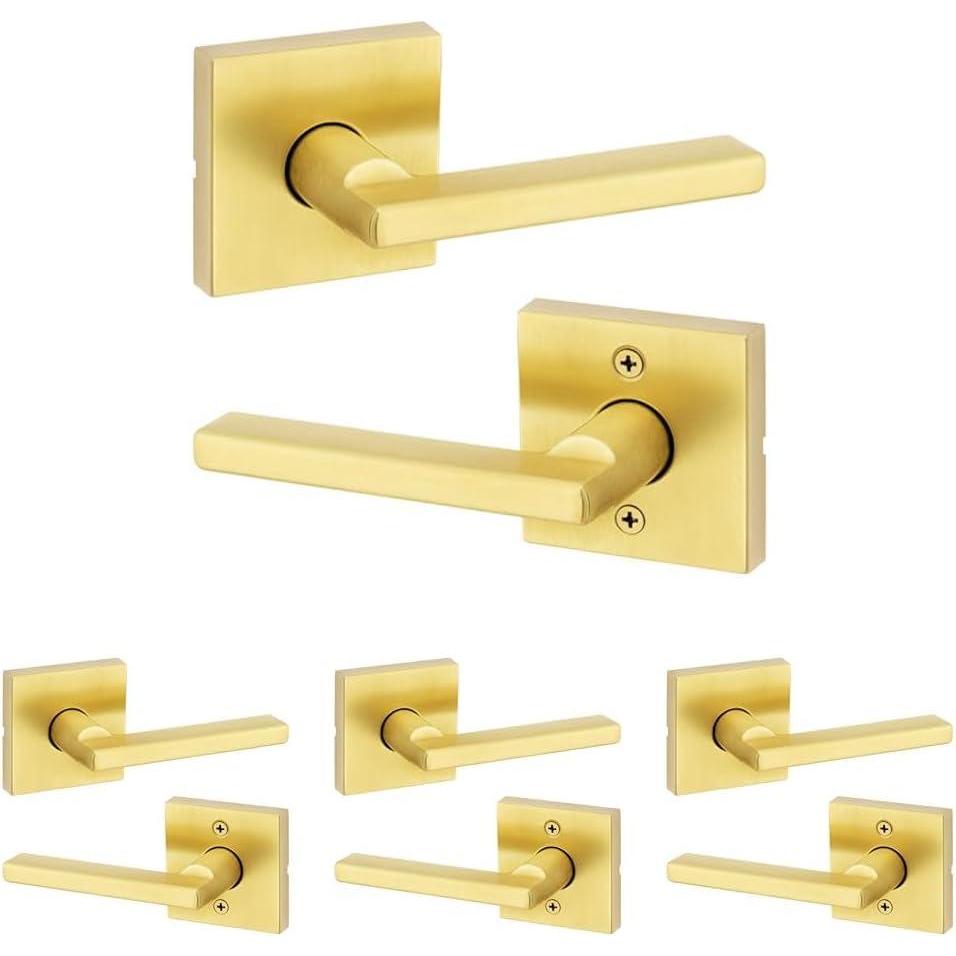 imageKwikset Halifax Interior Passage Door Handle Lever For Closet and Hallway Doors Reversible NonLocking Handle Lever Satin Brass with Microban ProtectionPassage Pack of 4