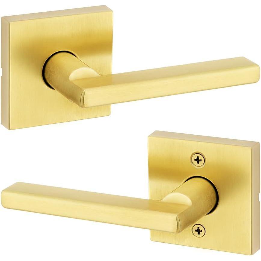 imageKwikset Halifax Interior Passage Door Handle Lever For Closet and Hallway Doors Reversible NonLocking Handle Lever Satin Brass with Microban ProtectionPassage