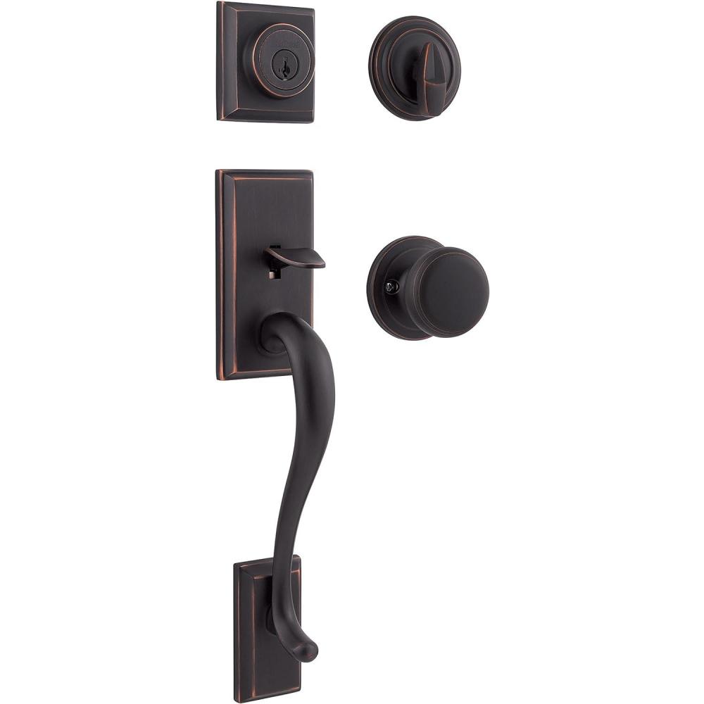 imageKwikset Hawthorne Front Door Lock Handle and Deadbolt Set Entry Handleset Exterior with Interior Door Knob Venetian Bronze Pick Resistant SmartKey Rekey Deadbolt Security with Microban ProtectionVenetian Bronze