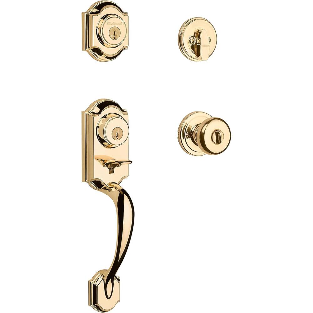 imageKwikset Montara Front Door Lock Handle and Deadbolt Set Entry Handleset Exterior with Interior Door Knob Satin Nickel Pick Resistant SmartKey Rekey Deadbolt SecurityPolished Brass