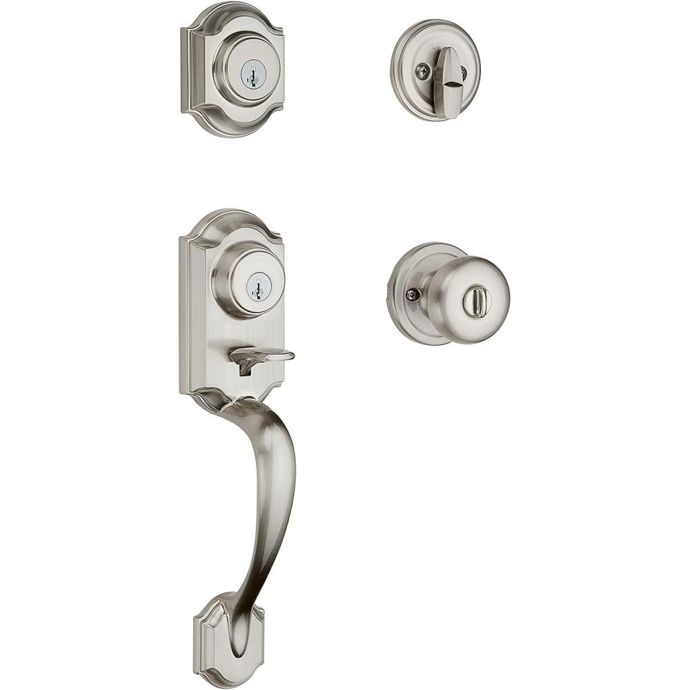 imageKwikset Montara Front Door Lock Handle and Deadbolt Set Entry Handleset Exterior with Interior Door Knob Satin Nickel Pick Resistant SmartKey Rekey Deadbolt SecuritySatin Nickel
