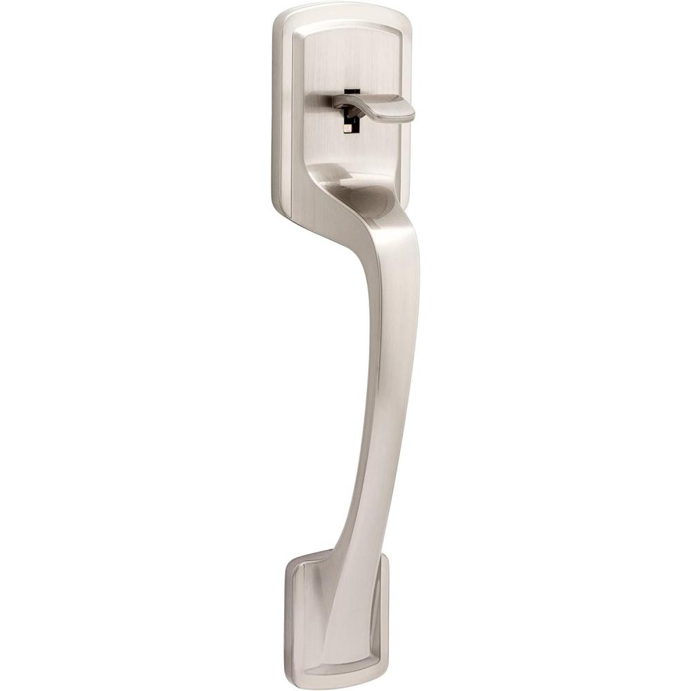 imageKwikset Prague Front Door Handle No Lock Entry Handleset Exterior with Interior Door Knob NonLocking Satin Nickel Deadbolt Not Included with Microban Protection