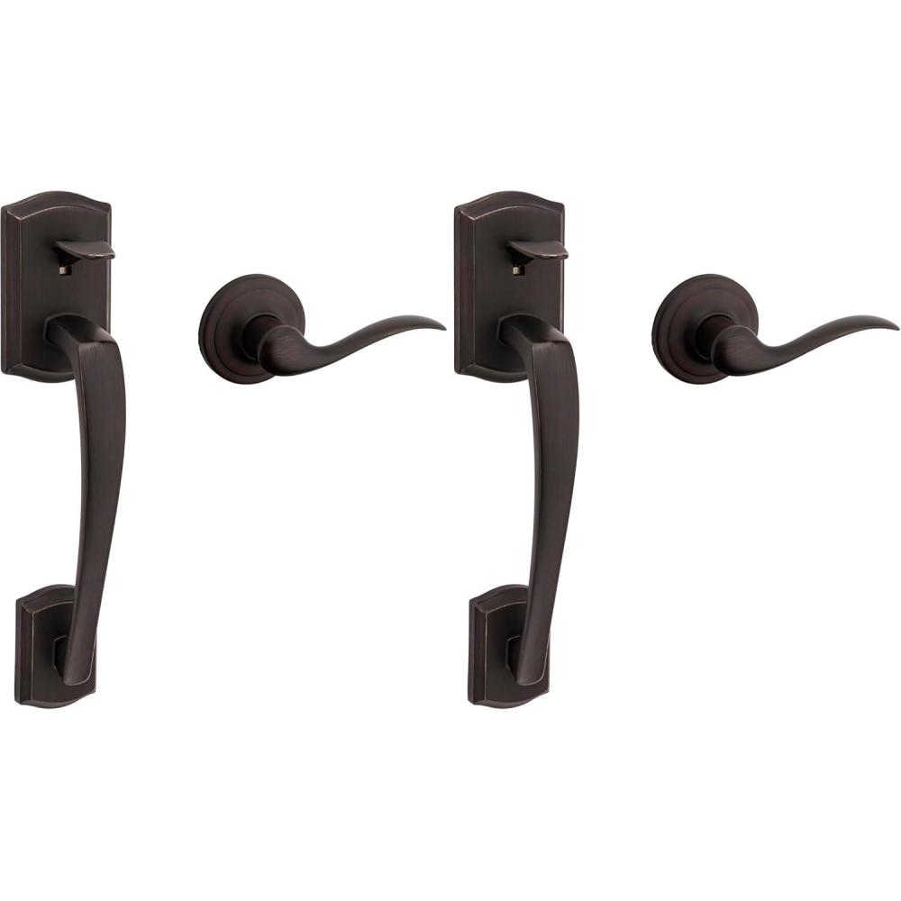 imageKwikset Prescott Front Door Handle No Lock Entry Handleset Exterior with Interior Reversible Handed Lever NonLocking Satin Nickel Deadbolt Not Included with Microban ProtectionVenetian Bronze