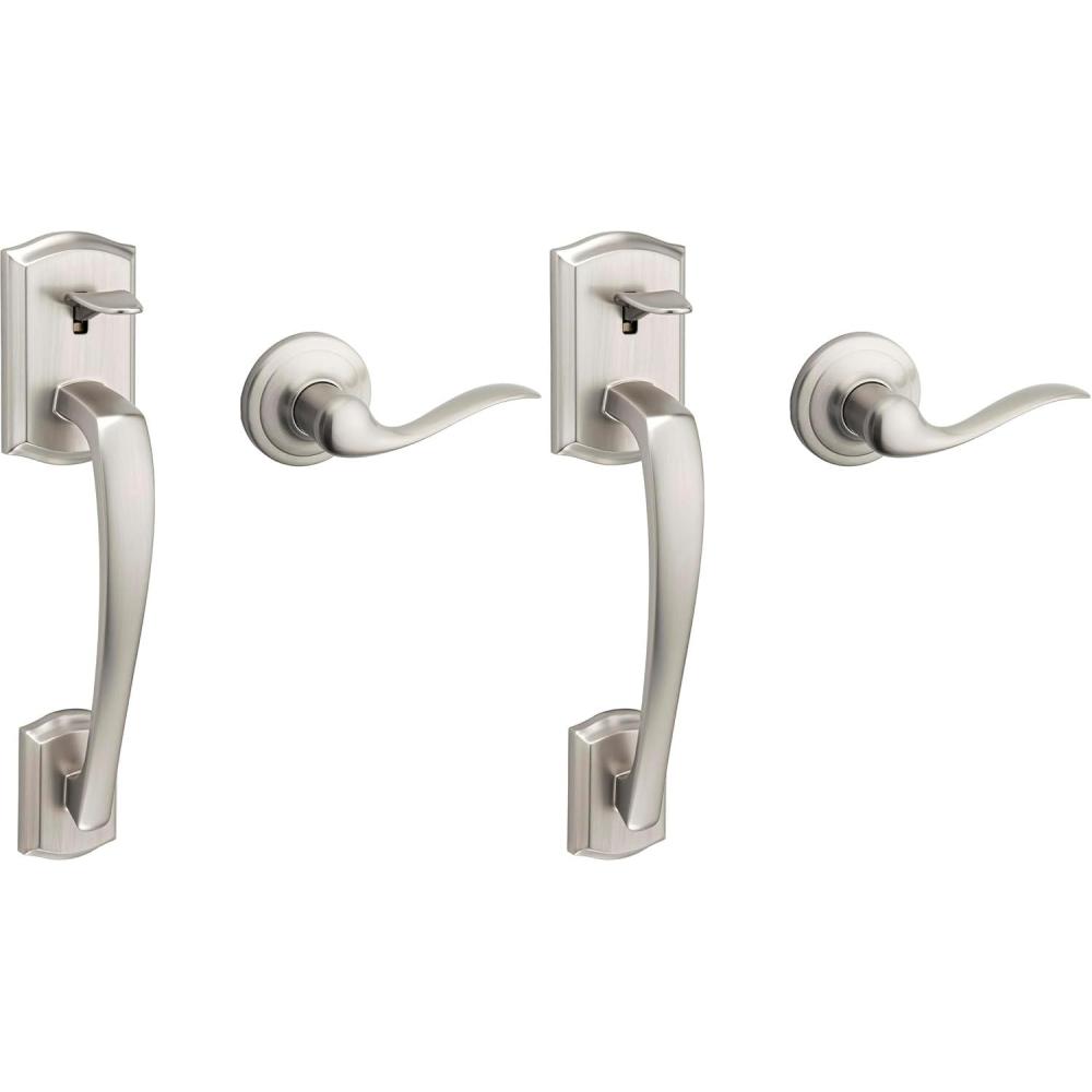 imageKwikset Prescott Front Door Handle No Lock Entry Handleset Exterior with Interior Reversible Handed Lever NonLocking Satin Nickel Deadbolt Not Included with Microban ProtectionSatin Nickel