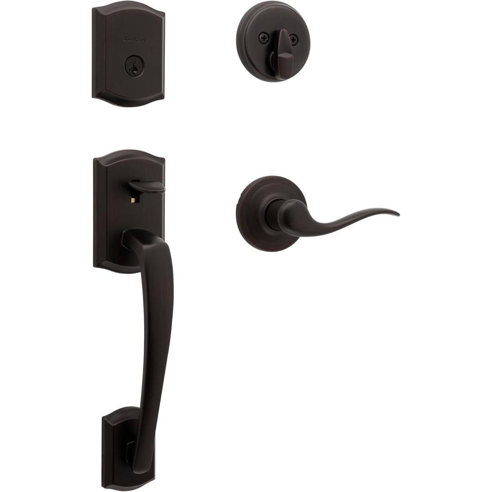 imageKwikset Prescott Front Door Lock Handle and Deadbolt Set Entry Handleset Exterior with Interior Reversible Lever Satin Nickel Pick Resistant SmartKey Rekey Deadbolt SecurityVenetian Bronze