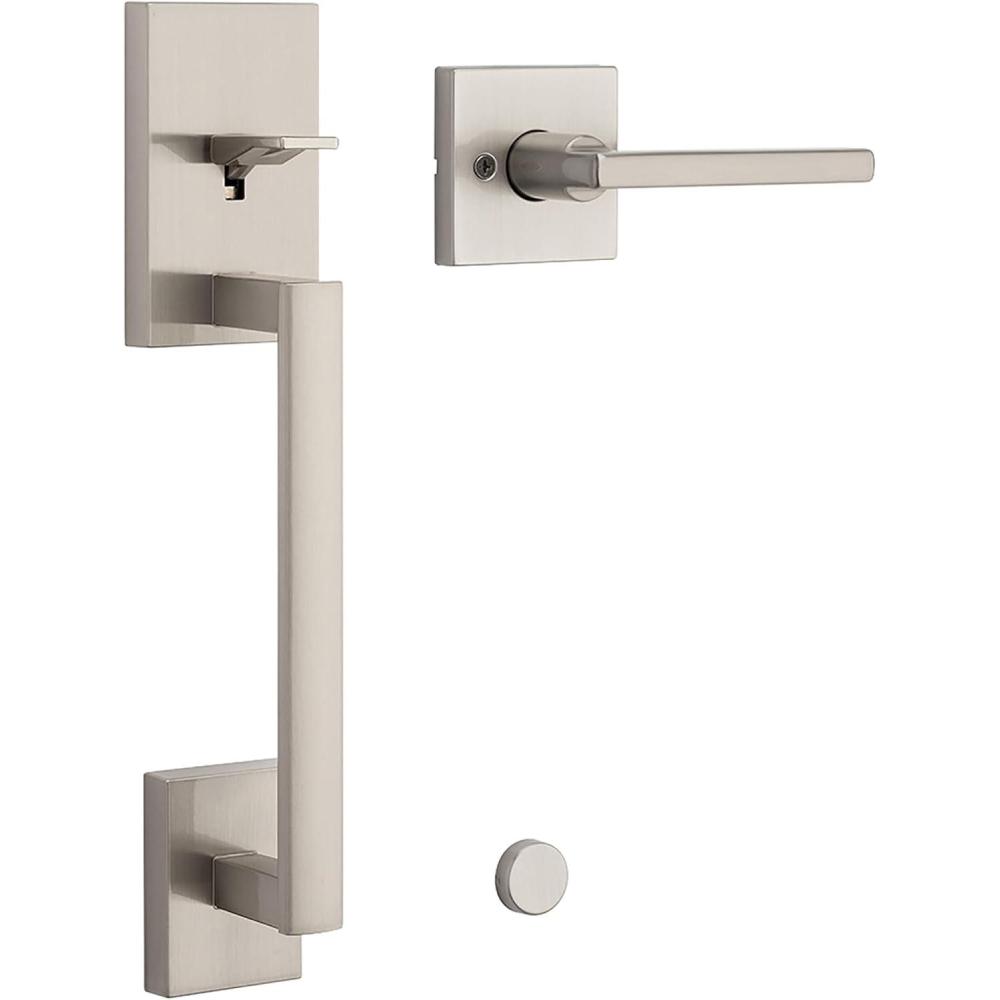 imageKwikset San Clemente Front Door Handle No Lock Entry Handleset Exterior with Interior Reversible Handed Lever NonLocking Satin Nickel Deadbolt Not Included with Microban Protection