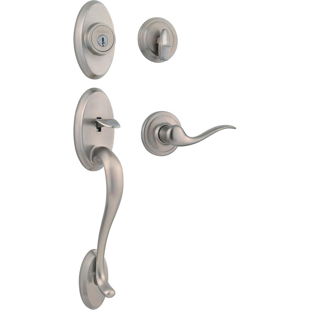 imageKwikset Shelburne Front Door Lock Handle and Deadbolt Set Entry Handleset Exterior with Interior Reversible Lever Satin Nickel Pick Resistant SmartKey Rekey Deadbolt Security