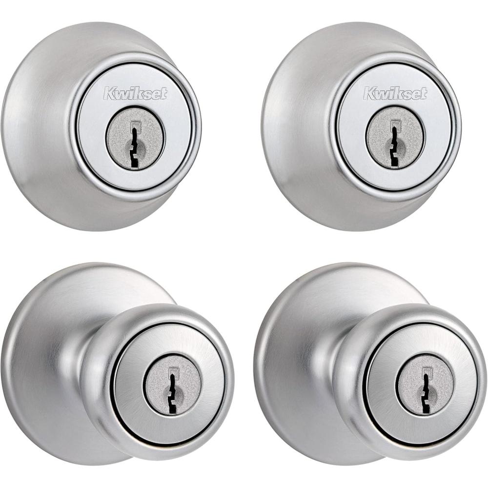 imageKwikset 242 Tylo Entry Knob and Single Cylinder Deadbolt Project Pack in Polished BrassSatin Chrome