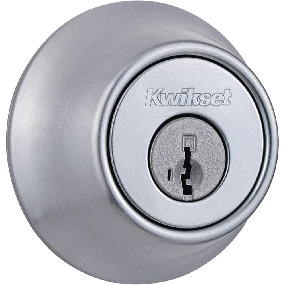 imageKwikset 660 Deadbolt Deadbolt Lock Polished Chrome Round Exterior Keyed Front Entry Door Single Cylinder Dead BoltSatin Chrome