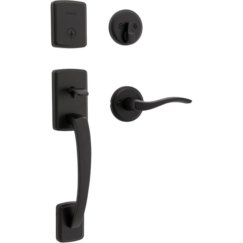 imageKwikset Brentford Front Door Lock Handle and Deadbolt Set Entry Handleset Exterior with Sedona Reversible Lever Satin Brass Pick Resistant SmartKey Rekey Deadbolt Security with Microban ProtectionMatte Black