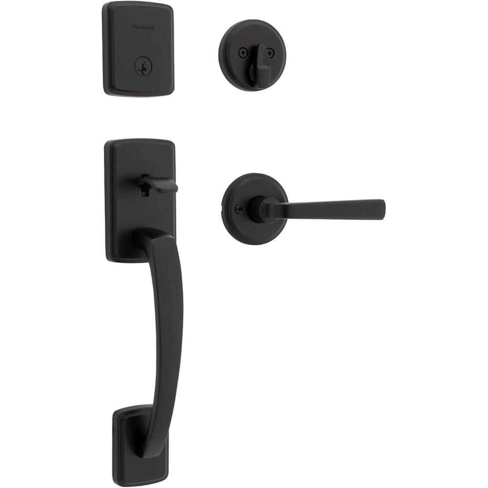 imageKwikset Brentford Front Door Lock Handle and Deadbolt Set Entry Handleset with Trafford Reversible Lever Matte Black Pick Resistant SmartKey Rekey Deadbolt Security with Microban ProtectionMatte Black