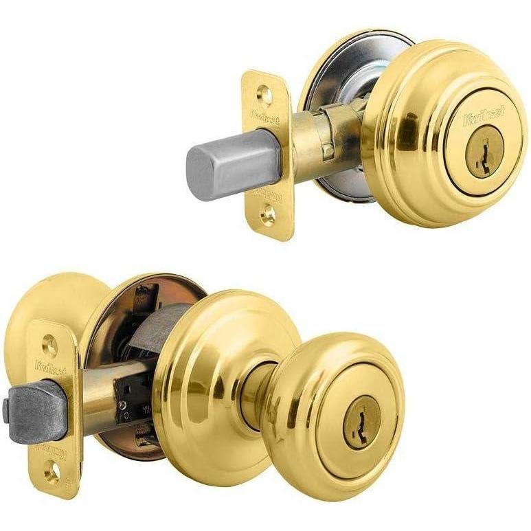 imageKwikset Cameron Keyed Entry Door Knob and Single Cylinder Deadbolt Combo Pack with Microban Antimicrobial Protection featuring SmartKey Security in Satin NickelPolished Brass