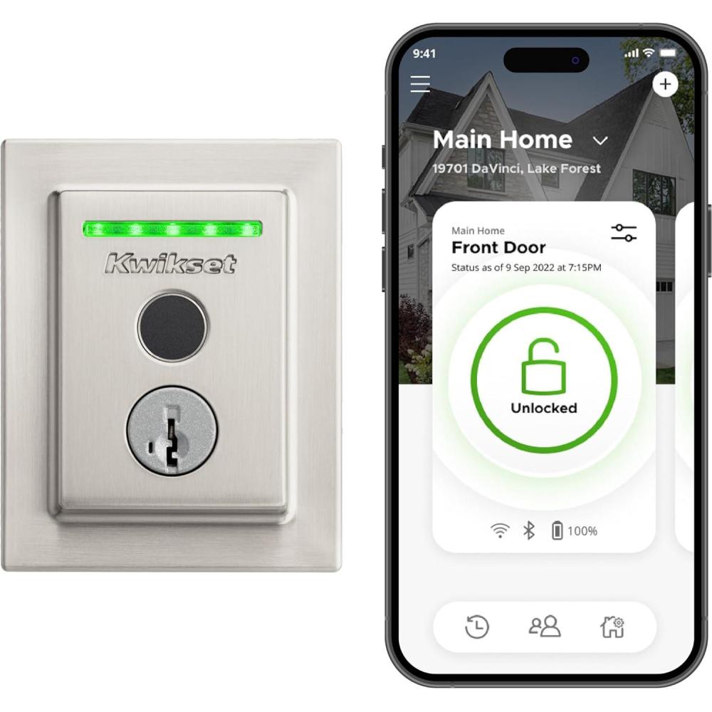 imageKwikset Halo Touch Fingerprint WiFi Smart Lock Keyless Entry Door Low Profile Deadbolt Geofence AutoUnlock Grade AAA Certified No Hub Easy Install Matte Black Lifetime Finish Warranty SquareSatin Nickel