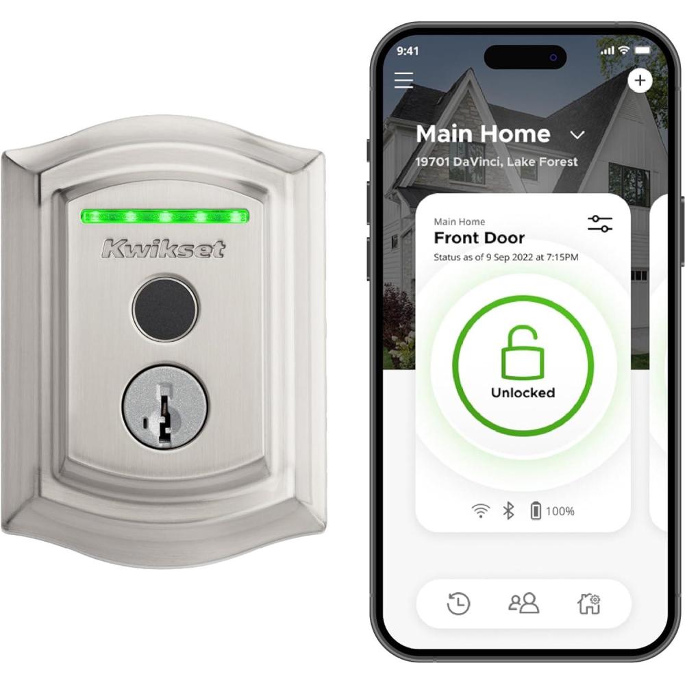 imageKwikset Halo Touch Fingerprint WiFi Smart Lock Keyless Entry Door Low Profile Deadbolt Geofence AutoUnlock Grade AAA Certified No Hub Easy Install Venetian Bronze Lifetime Finish Warranty ArchSatin Nickel
