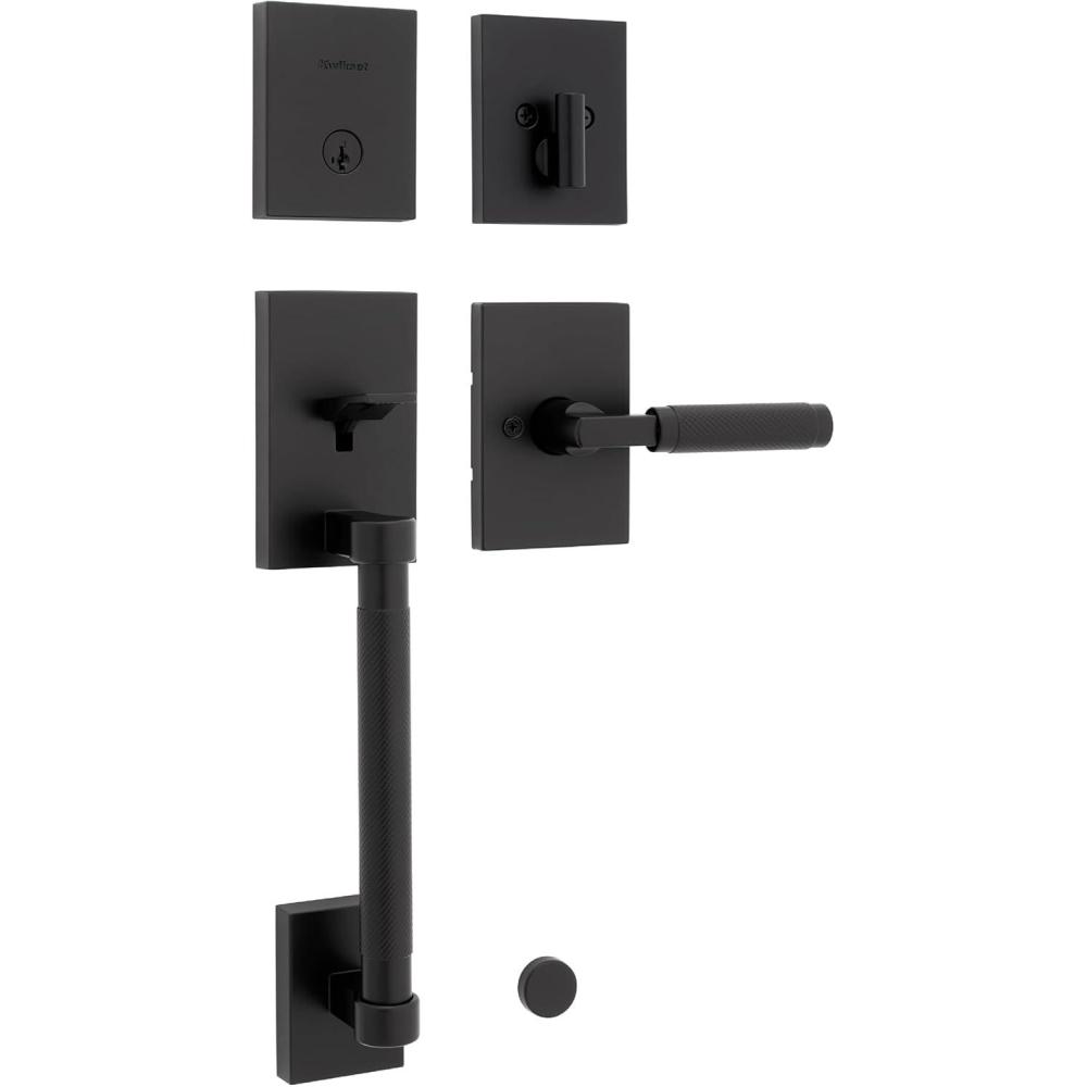 imageKwikset Prava Front Door Lock Handle and Deadbolt Set Entry Handleset Exterior with Interior Reversible Lever Satin Brass Pick Resistant SmartKey Rekey Deadbolt Security with Microban ProtectionMatte Black