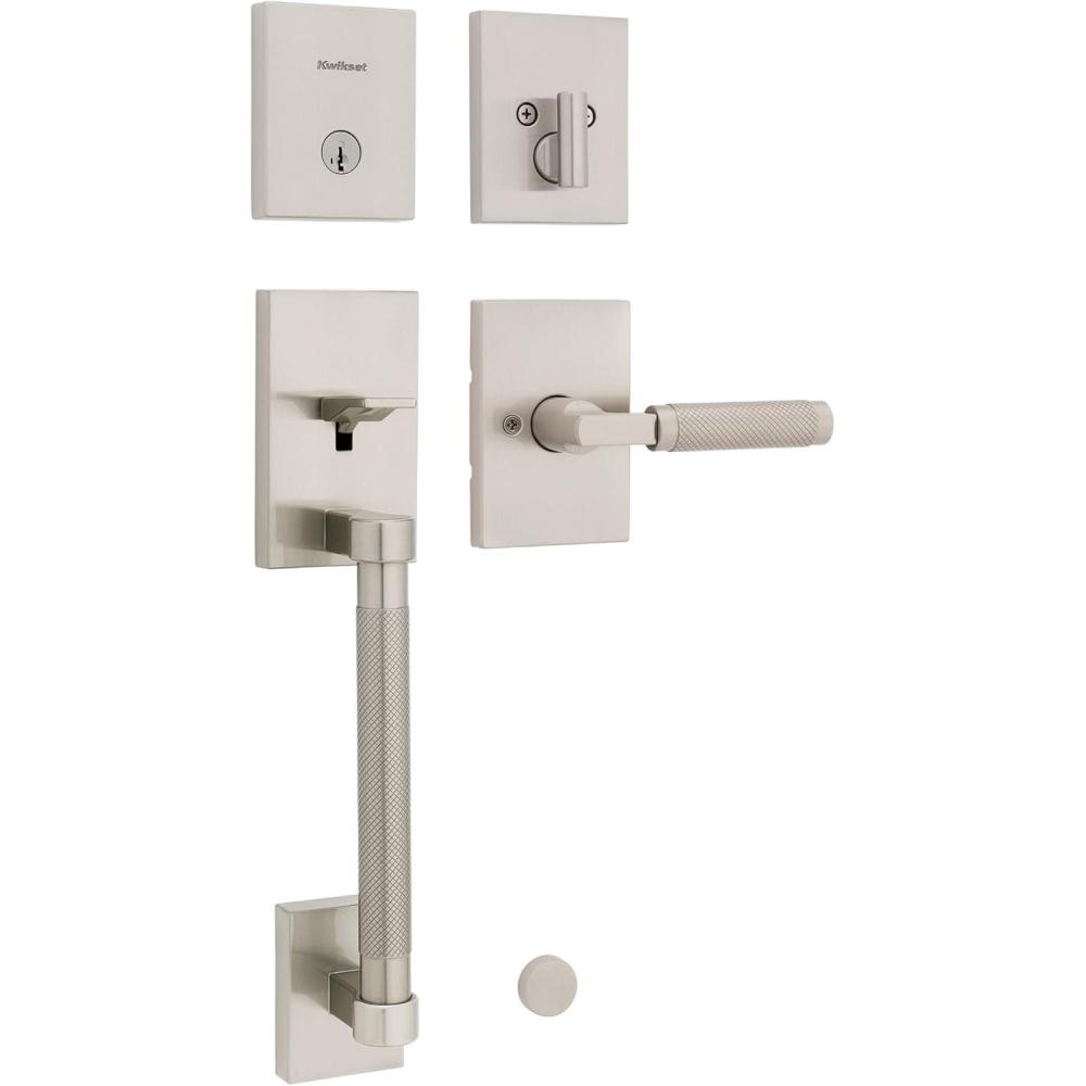 imageKwikset Prava Front Door Lock Handle and Deadbolt Set Entry Handleset Exterior with Interior Reversible Lever Satin Brass Pick Resistant SmartKey Rekey Deadbolt Security with Microban ProtectionSatin Nickel
