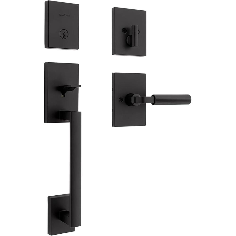imageKwikset San Clemente Front Door Lock Handle and Deadbolt Set Entry Handleset with Mirada Reversible Lever Matte Black Pick Resistant SmartKey Rekey Deadbolt Security with Microban ProtectionMatte Black