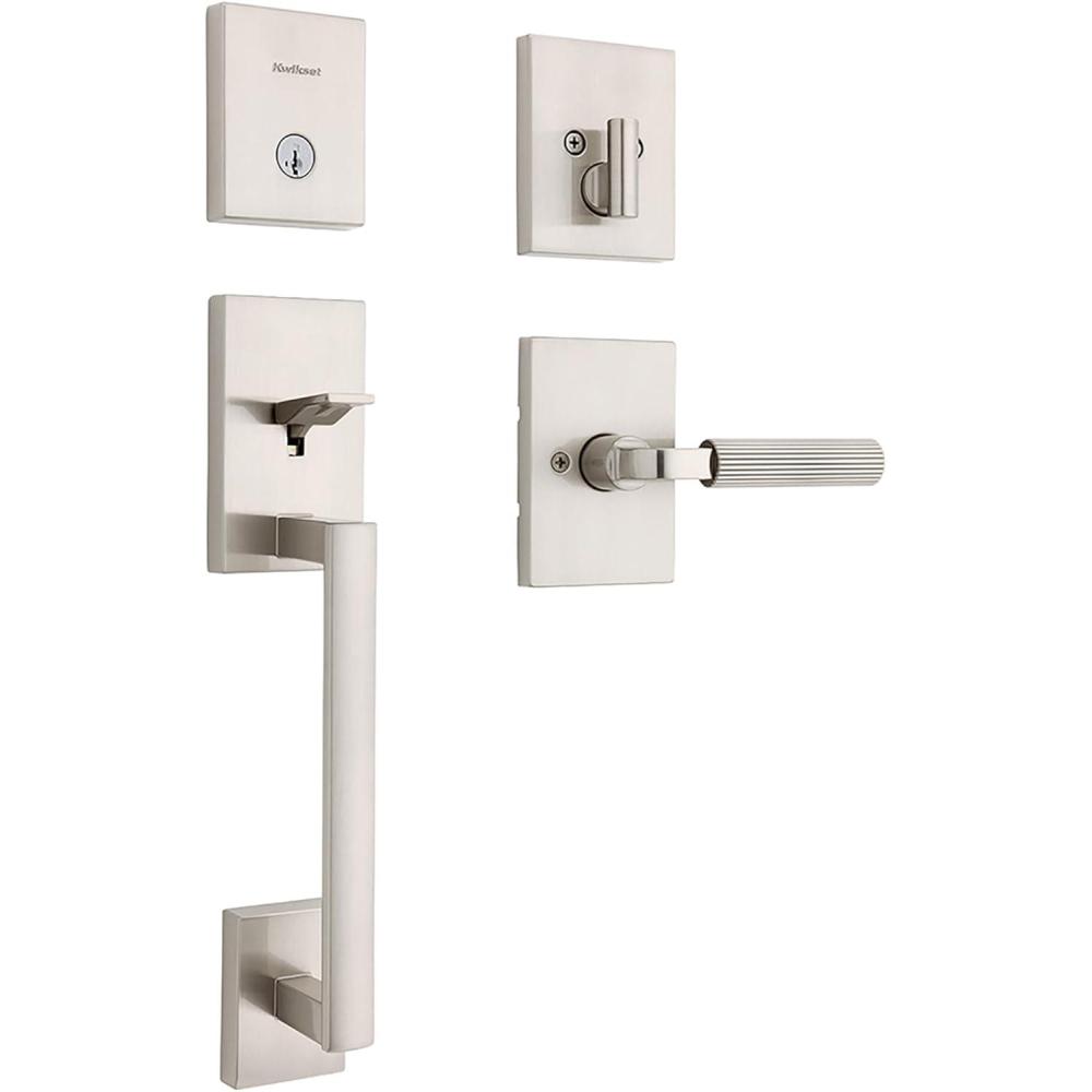 imageKwikset San Clemente Front Door Lock Handle and Deadbolt Set Entry Handleset with Mirada Reversible Lever Matte Black Pick Resistant SmartKey Rekey Deadbolt Security with Microban ProtectionSatin Nickel