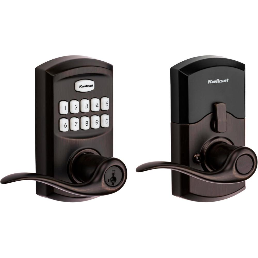 imageKwikset SmartCode 917 Keypad Keyless Entry Traditional Residential Electronic Lever Deadbolt Alternative with Tustin Door Handle and SmartKey Security Venetian BronzeVenetian Bronze