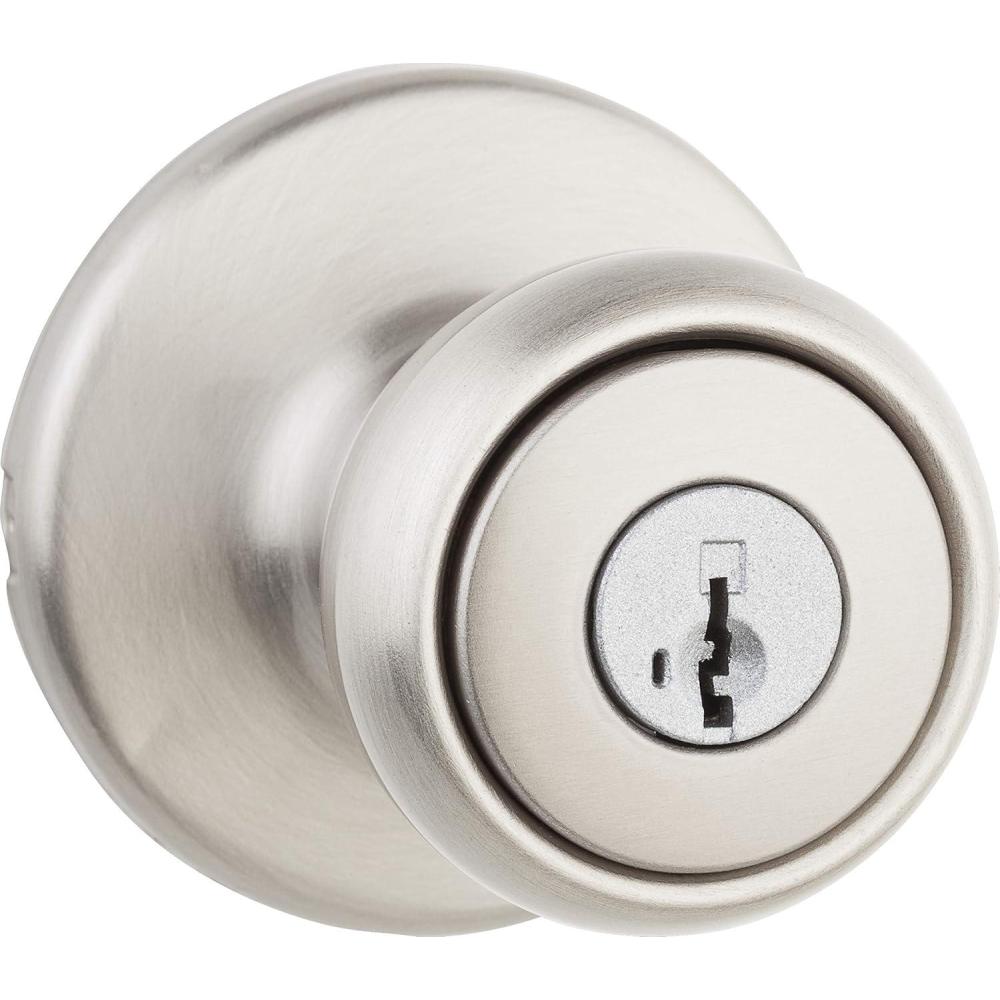 imageKwikset Tylo Entry Door Knob with Lock and Key Secure Keyed Handle Exterior Front Entrance and Bedroom Satin Nickel Pick Resistant SmartKey Rekey Security and Microban