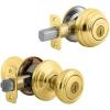 Kwikset Cameron Keyed Entry Door Knob and Single Cylinder Deadbolt Combo Pack with Microban Antimicrobial Protection featuring SmartKey Security in Satin Nickel(Polished Brass)