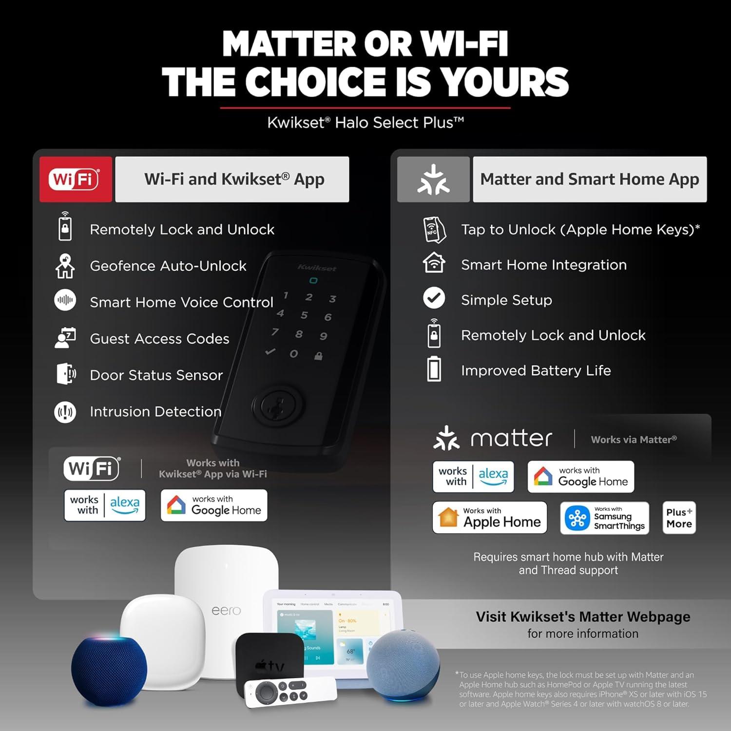 imageKwikset Halo Select Plus Satin Nickel Touchscreen Apple Home Keys TaptoUnlock WiFi and Matter Enabled Smart Lock Deadbolt with Door Status Sensor and Intrusion DetectionMatte Black