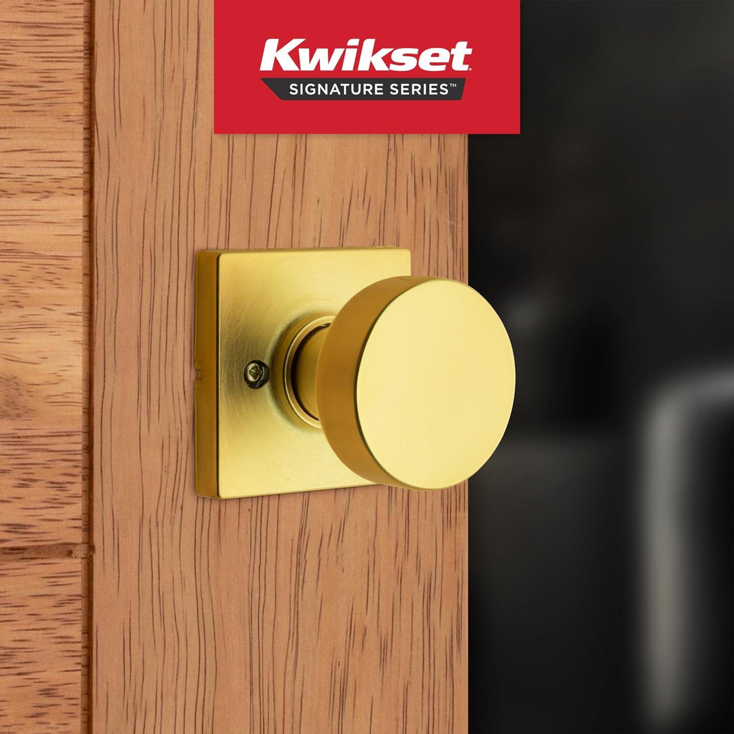 imageKwikset Pismo Dummy Door Knob Single Sided Handle for Closets French Double Doors and Pantry Satin Brass Square NonTurning Interior PushPull Door Knob Microban Protection